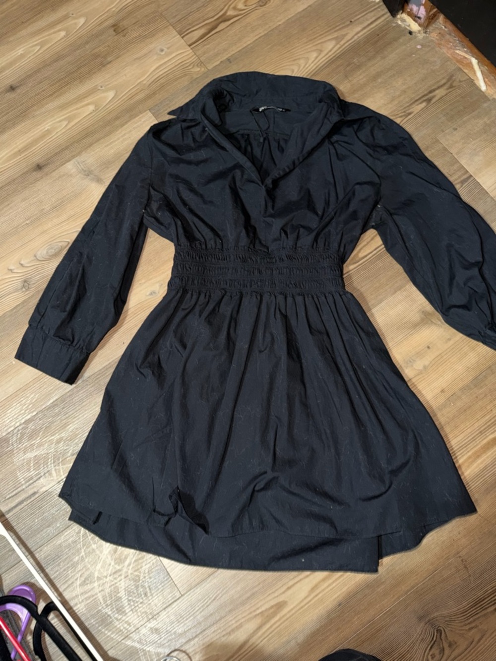 Zara Black Long-Sleeve Smocked-Waist Dress